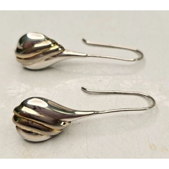 925 Ribbed with Gold Puffy Tear Drop Threader Style Earrings 1 5/8"Lx1/2"W - Picture 9 of 9